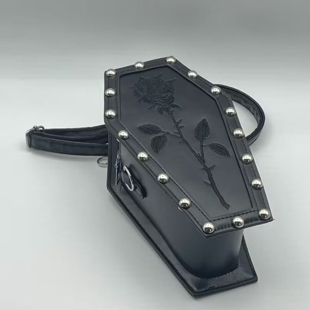 Embroidered Gothic Coffin Crossbody Bag with a Cross Studded Coffin Casket Shape